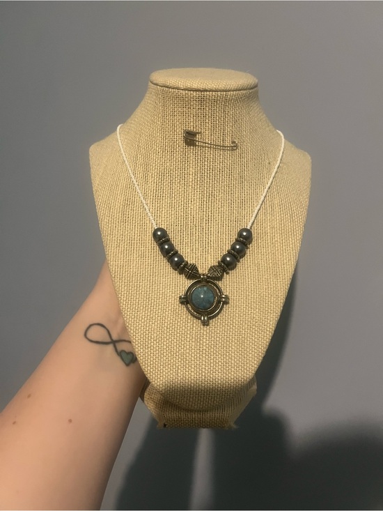 Jewelry - #102. Handmade Blue Stone Pendant Necklace with Antique Gold Accents
